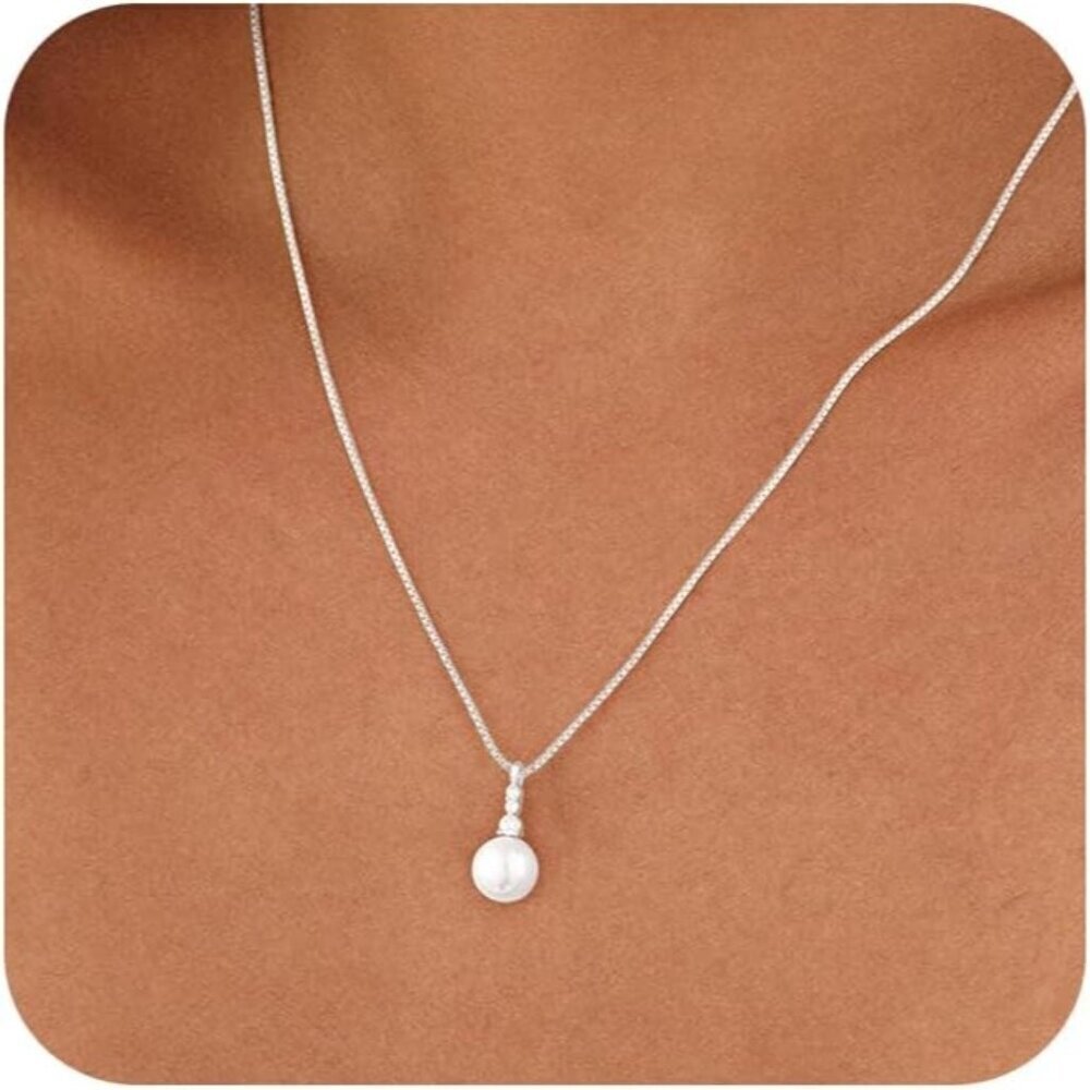 🆕 Women Silver Pearl Pendant Necklace 14K Simple Trendy Sterling Chain Jewelry